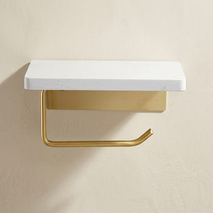 Marble-look toilet roll holder with curved brushed gold arm and white top ledge