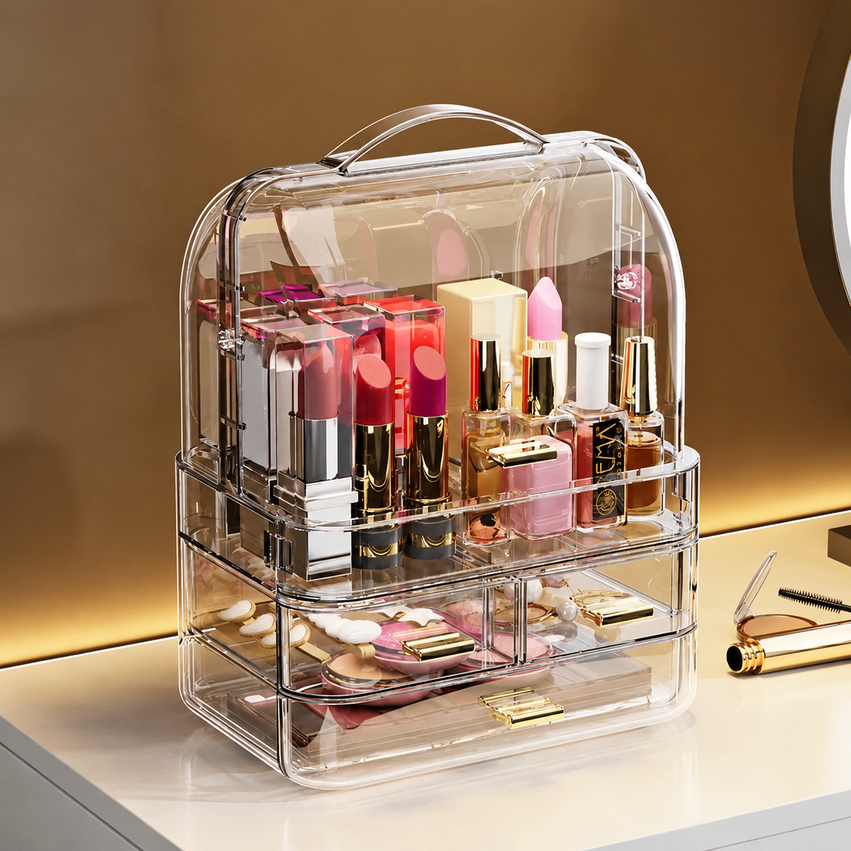 Multi-tier lidded makeup organizer with clear drawers and hinged lid, cosmetics arranged in tiers