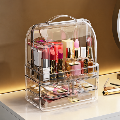 Multi-tier lidded makeup organizer with clear drawers and hinged lid, cosmetics arranged in tiers