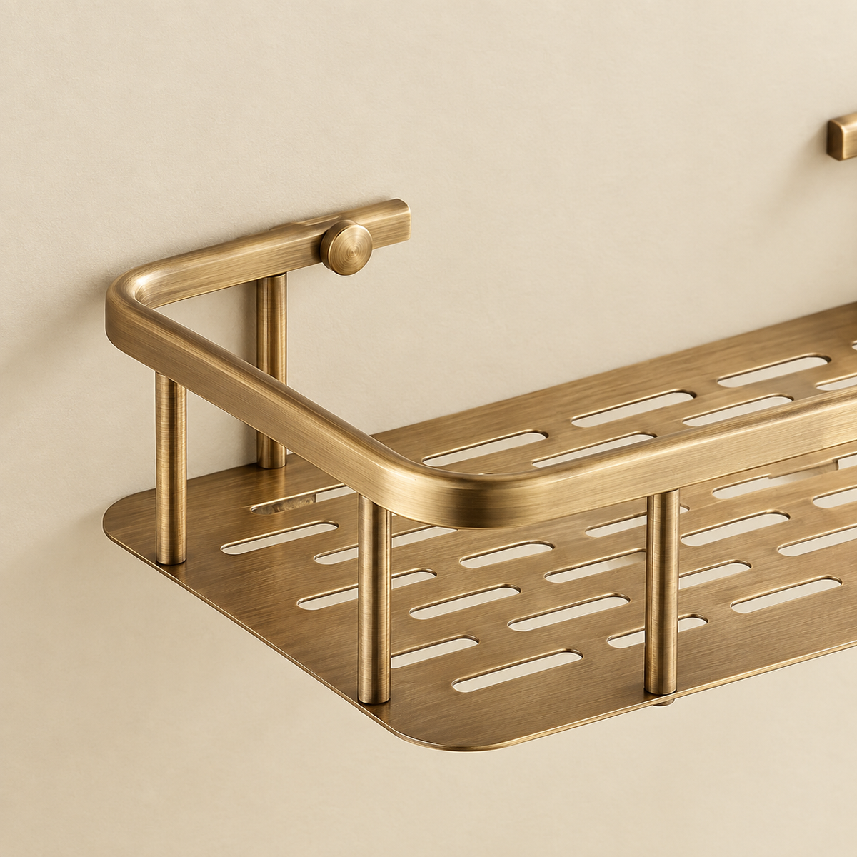 Solid brass slatted shower caddy single shelf with front hook detail