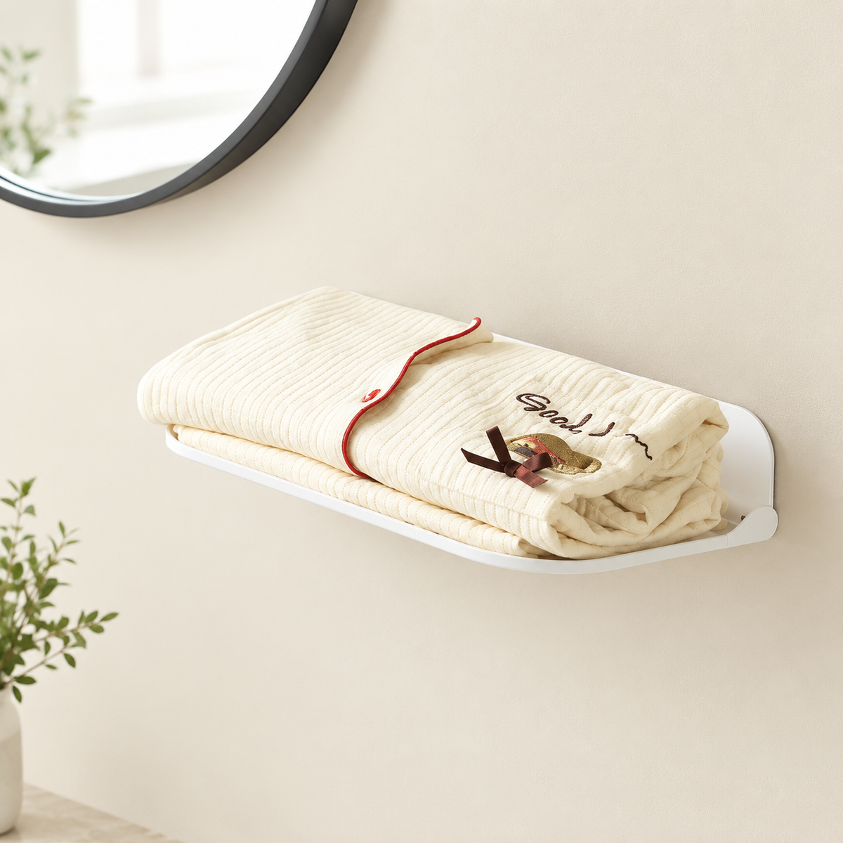 White foldable wall shelf with a folded towel stacked on the shelf