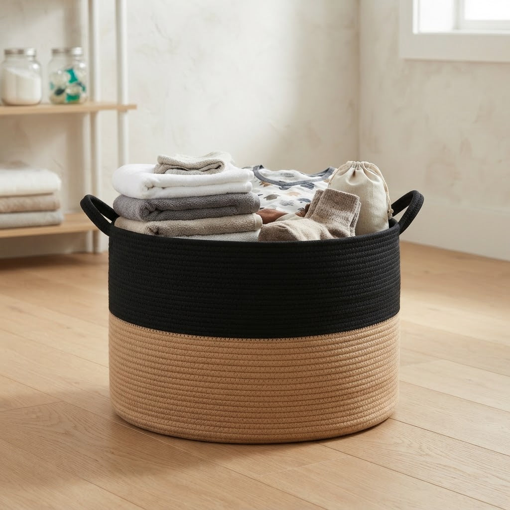 Two-tone woven storage basket with rope handles, black top and tan bottom.