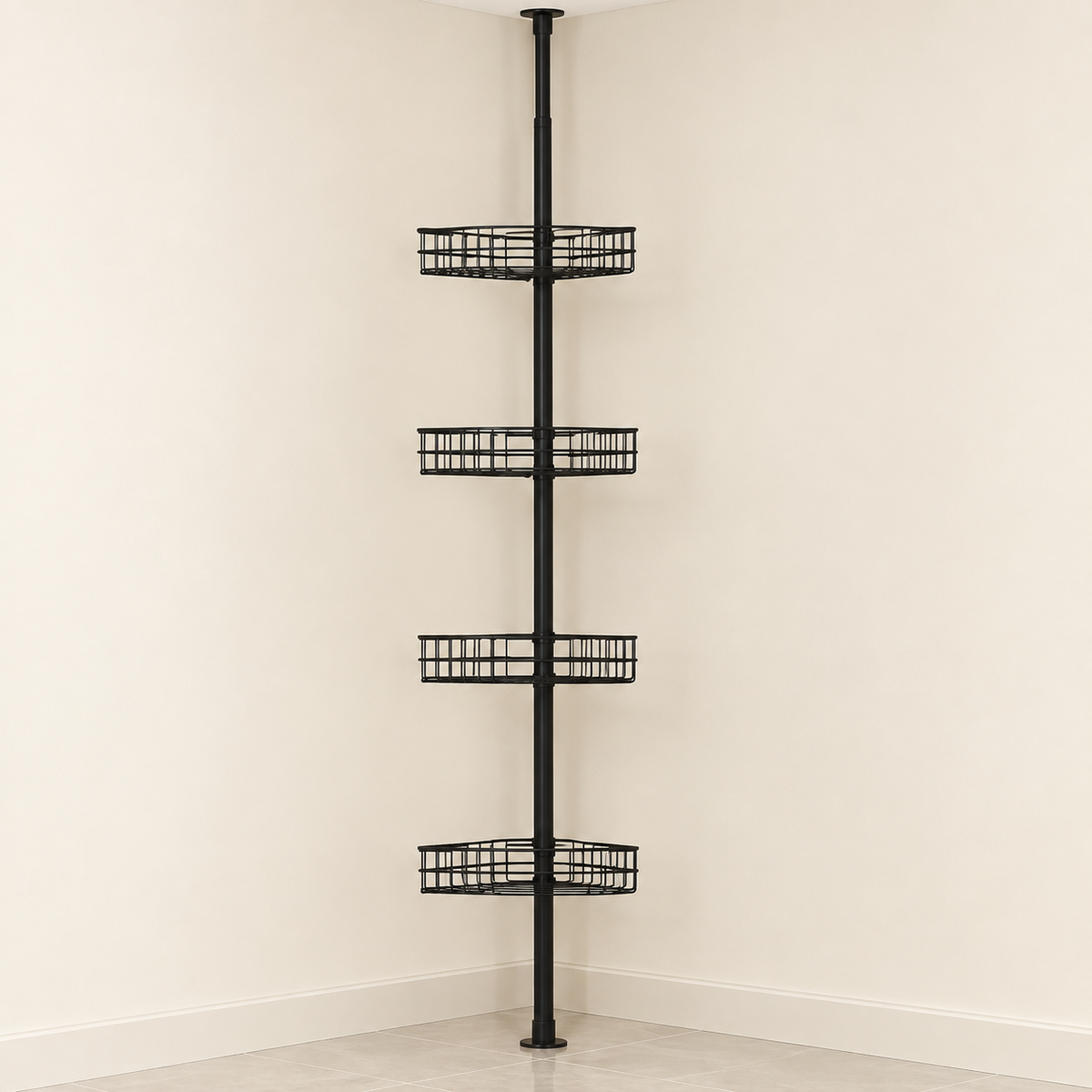 Aluminium telescopic corner shower caddy stand with four wire basket shelves