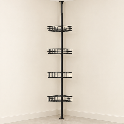 Aluminium telescopic corner shower caddy stand with four wire basket shelves