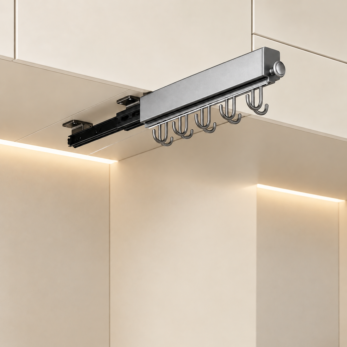 Grey sliding hook rail with curved hooks under a cabinet, no accessories