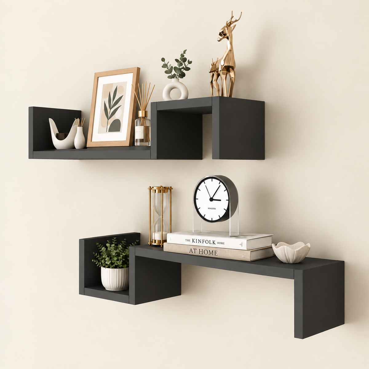Black wooden geometric wall shelf with staggered open compartments