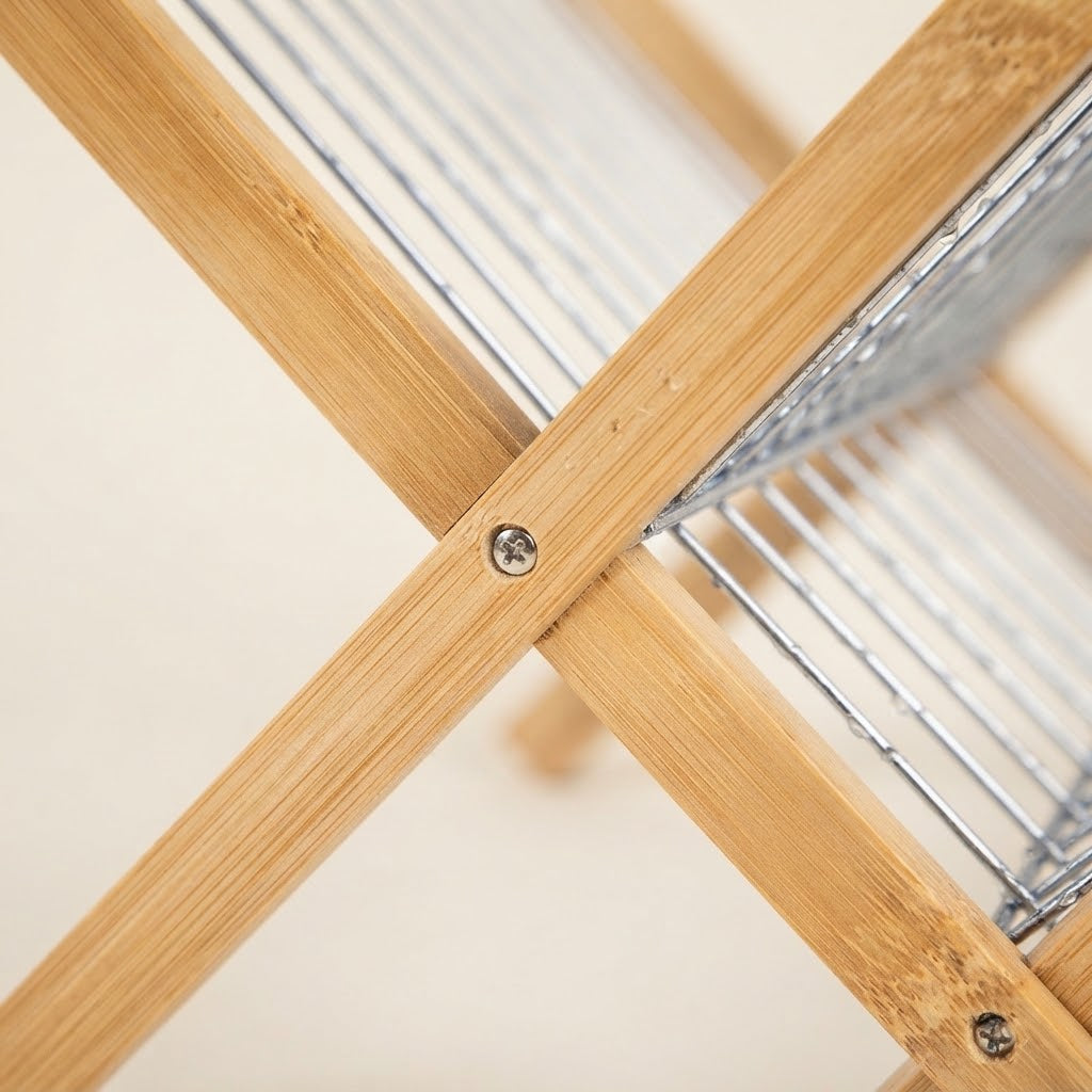Foldable bamboo dish drying rack joint with metal screws and chrome wire mesh