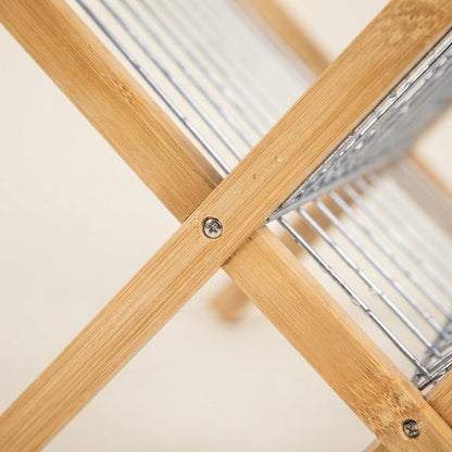 Foldable bamboo dish drying rack joint with metal screws and chrome wire mesh