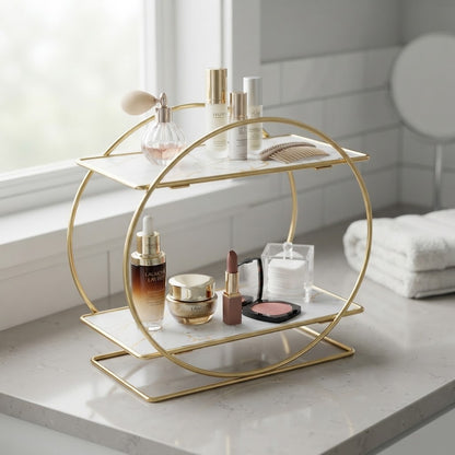 Gold 2-tier bathroom counter organizer with white marble-effect shelves.