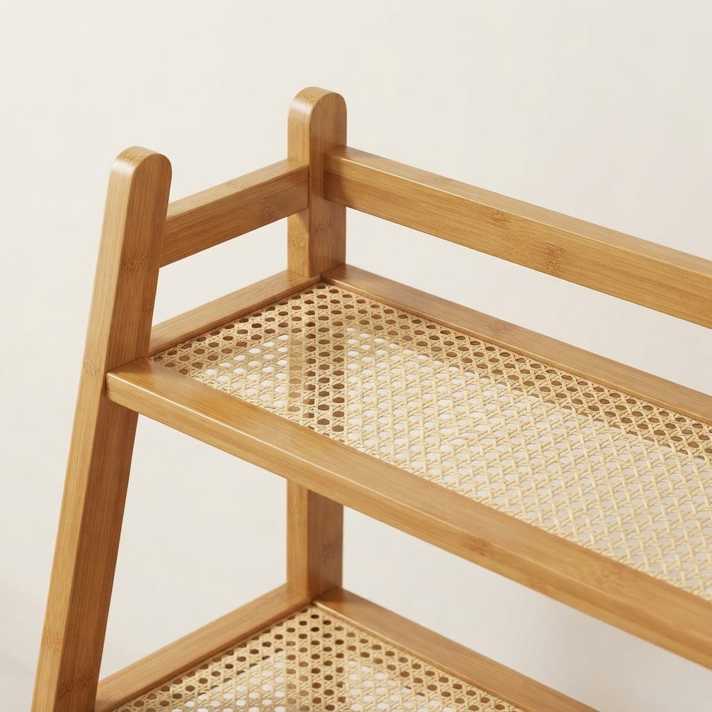 2-tier bamboo countertop rack with woven rattan shelves