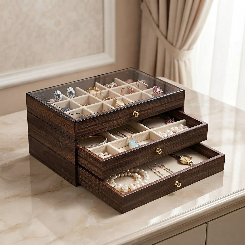Walnut wooden jewellery organizer with glass top, three sections, and necklace and earring trays