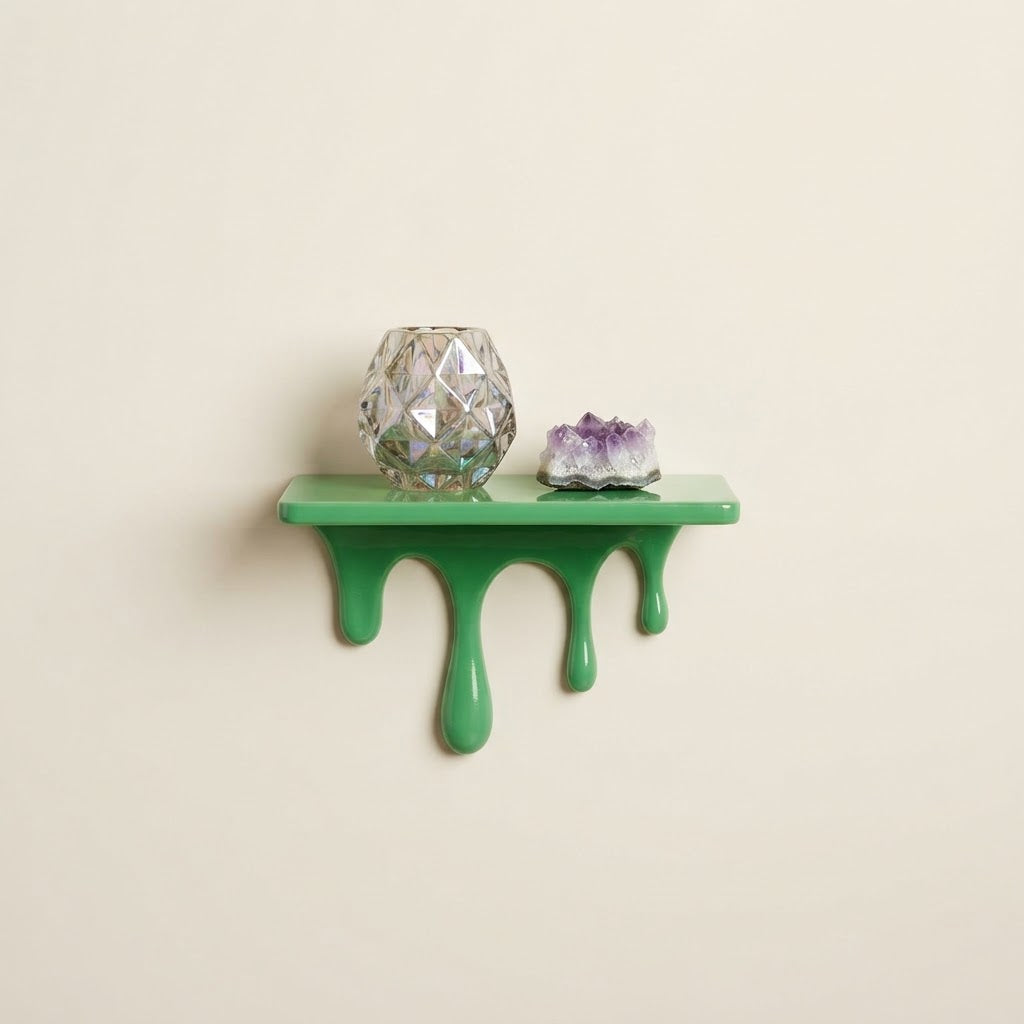 Green floating wall shelf with sculpted dripping legs and three long hanging drips