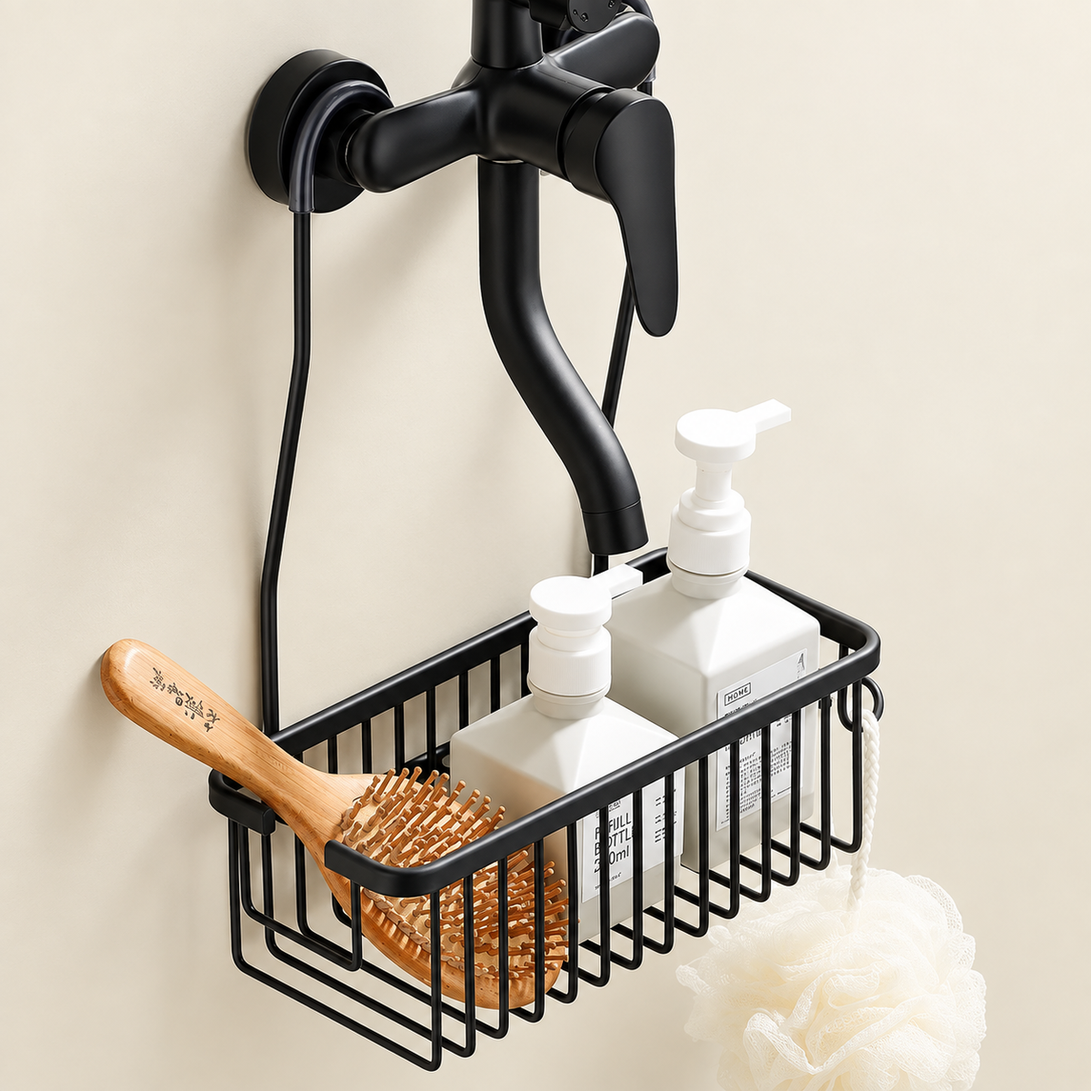 Black hanging shower tap caddy with wire basket, soap bottles, and wooden brush