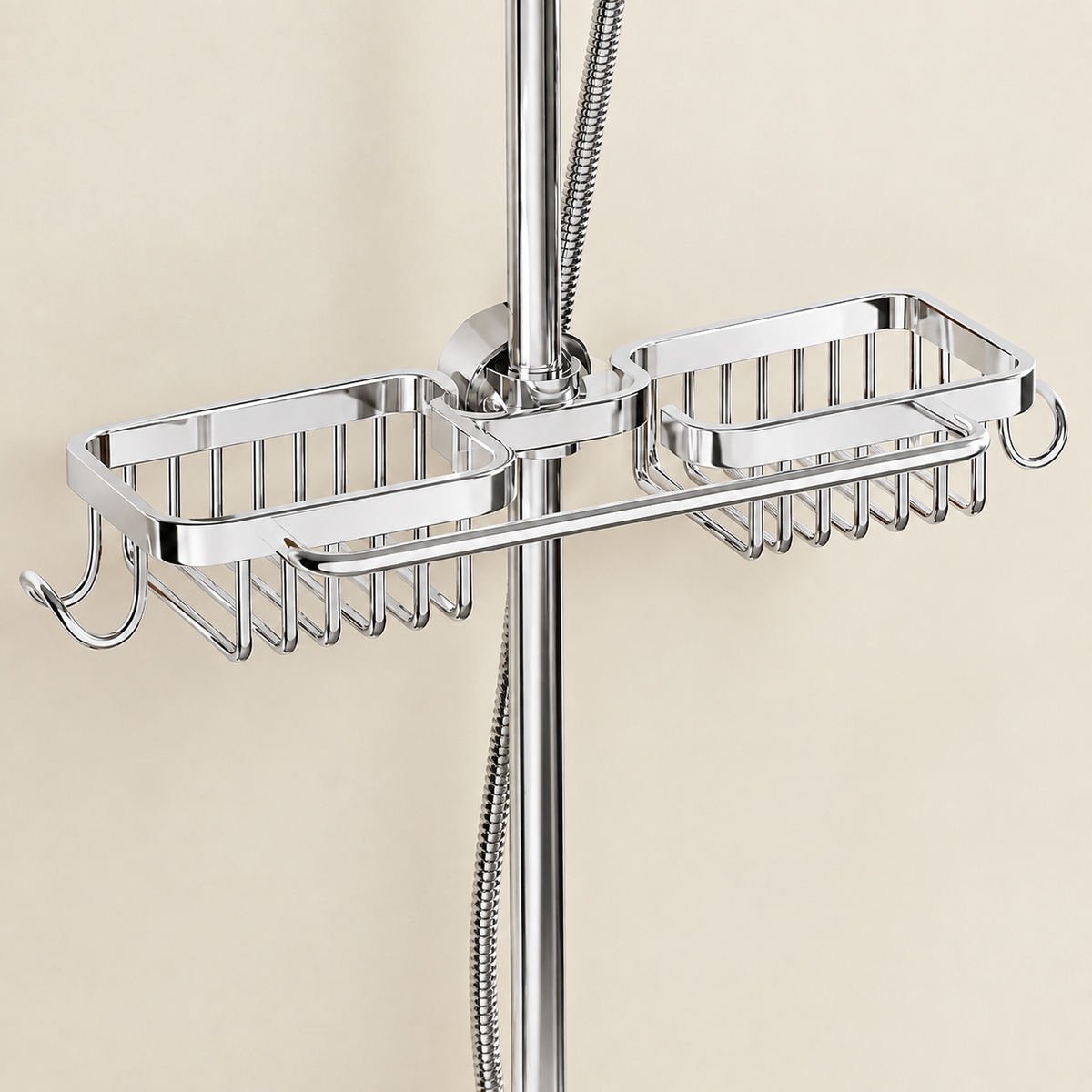 Shower riser rail caddy with two chrome shelves and hanging shower accessory hooks