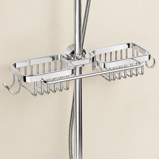 Shower riser rail caddy with two chrome shelves and hanging shower accessory hooks