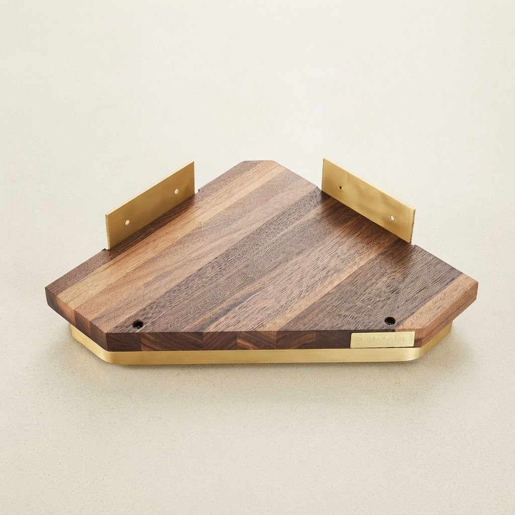Walnut wood floating corner shelf with guard rails and two gold end supports