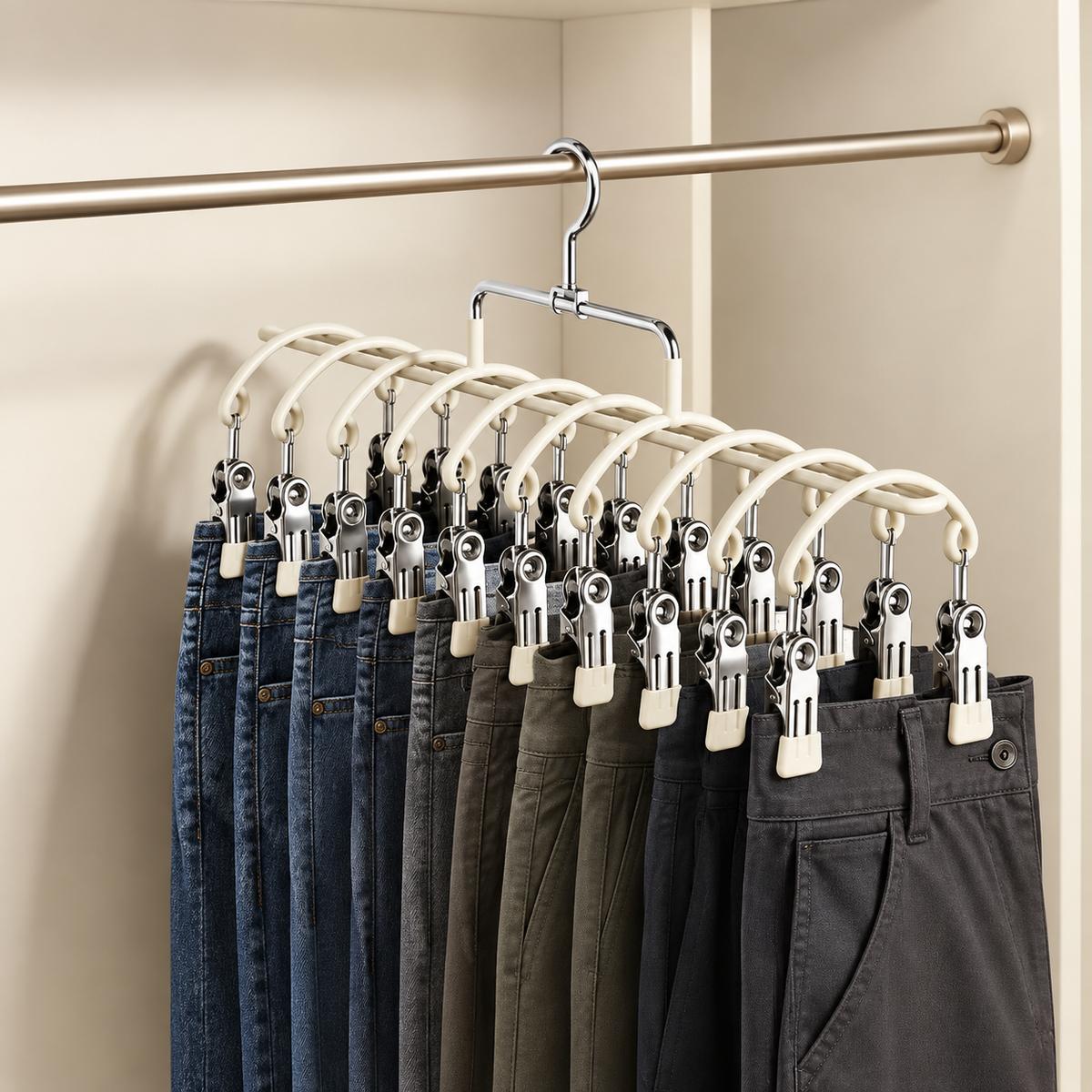 10-tier multi-peg hanger with cream pegs and clips holding jeans