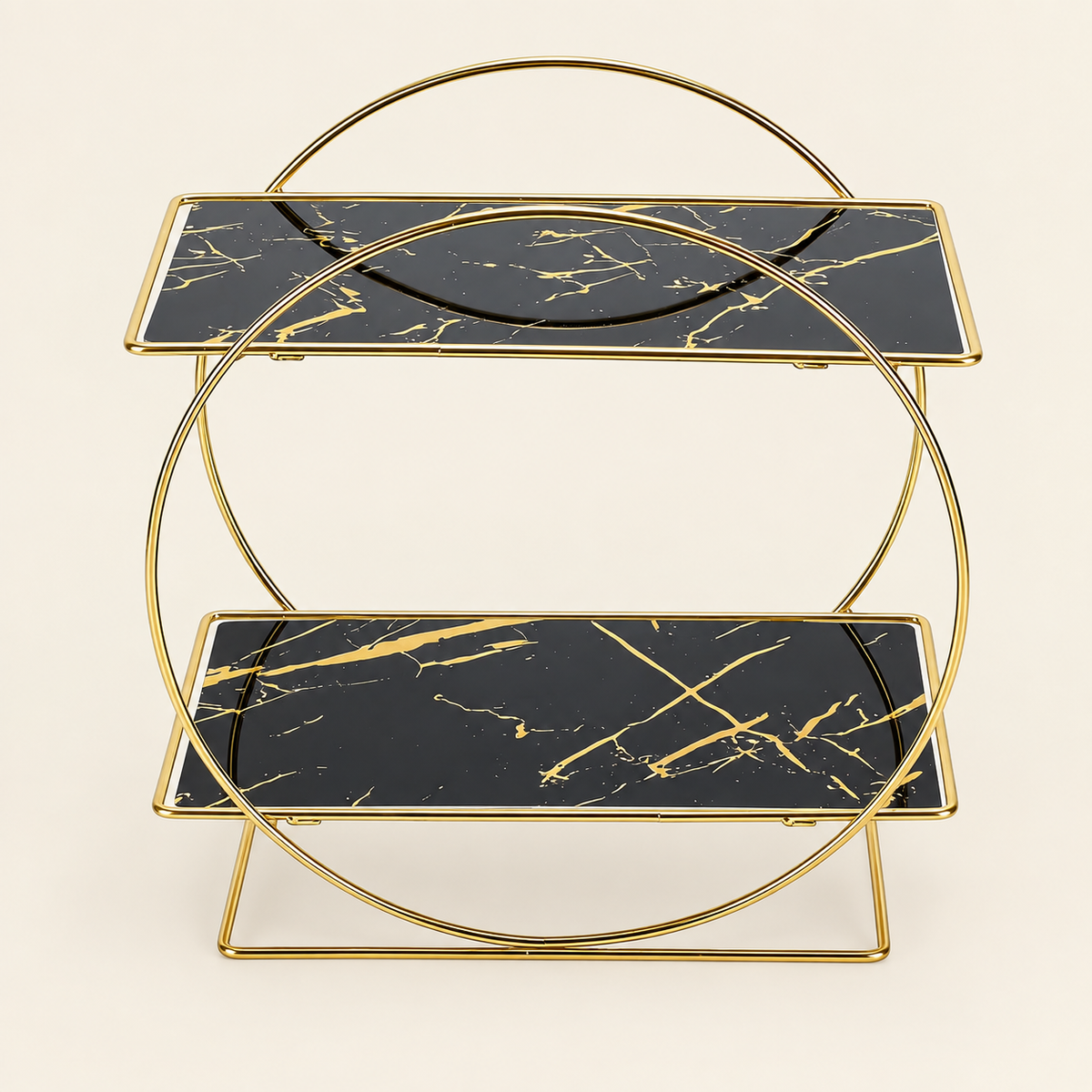 2-tier bathroom countertop organizer with black marble-effect trays and gold frame.
