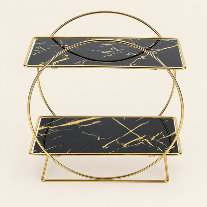 2-tier bathroom countertop organizer with black marble-effect trays and gold frame.