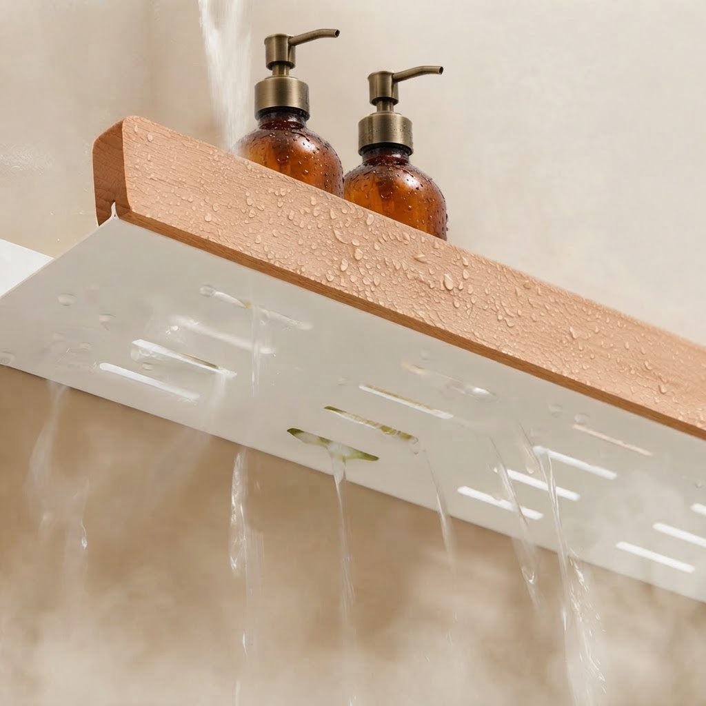 Wall-mounted slatted shelf with beech wood front rail and white back; water droplets visible