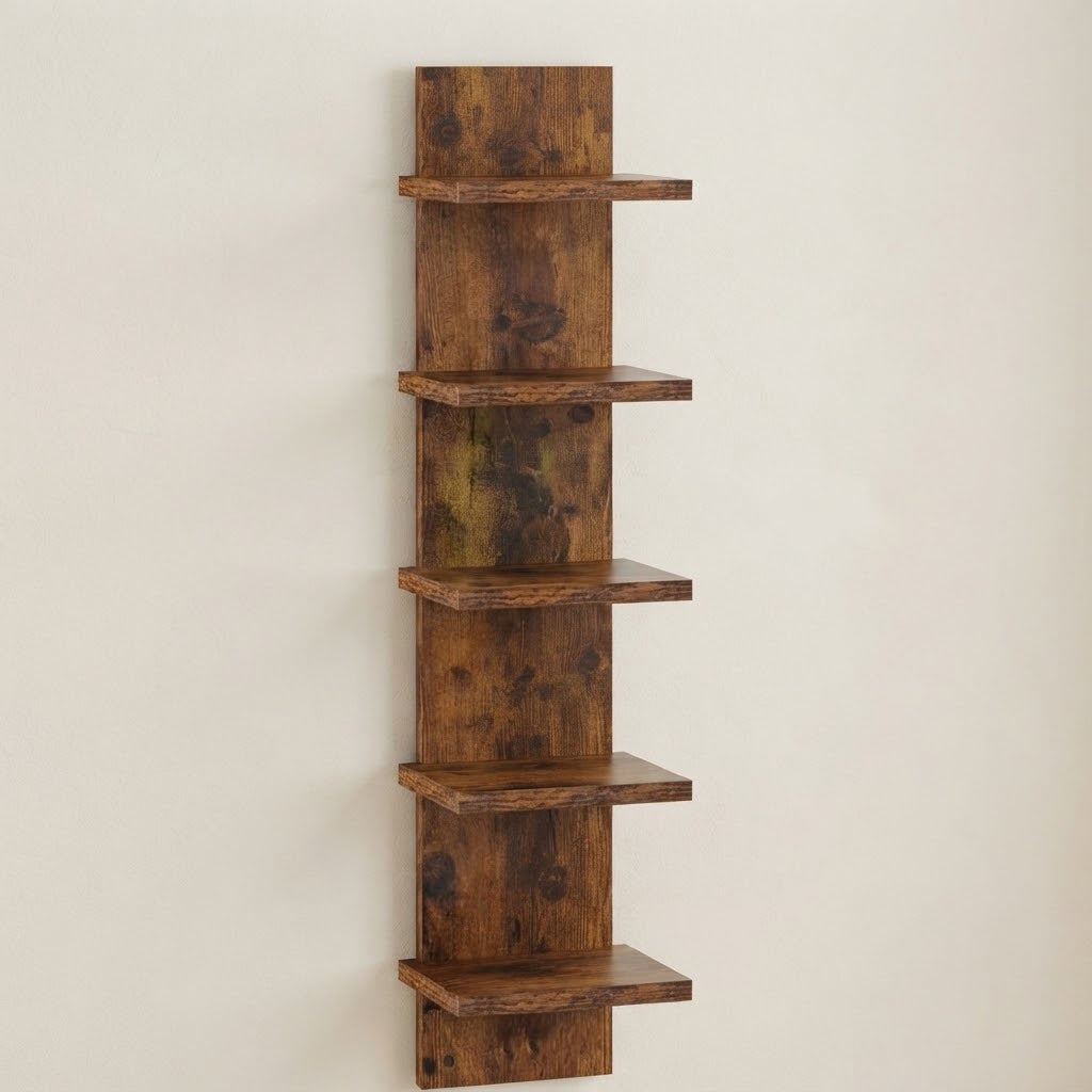 Rustic wooden 5-tier wall shelf with five open shelves on matching brackets