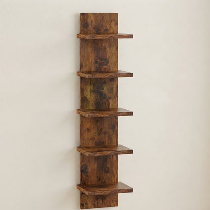 Rustic wooden 5-tier wall shelf with five open shelves on matching brackets