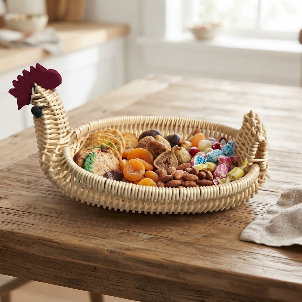 Woven bamboo animal storage basket with ear-like handles, oval tray filled with toys