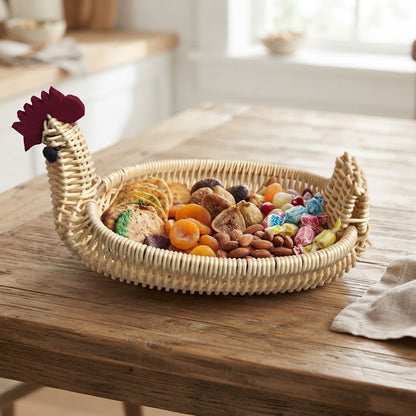 Woven bamboo animal storage basket with ear-like handles, oval tray filled with toys