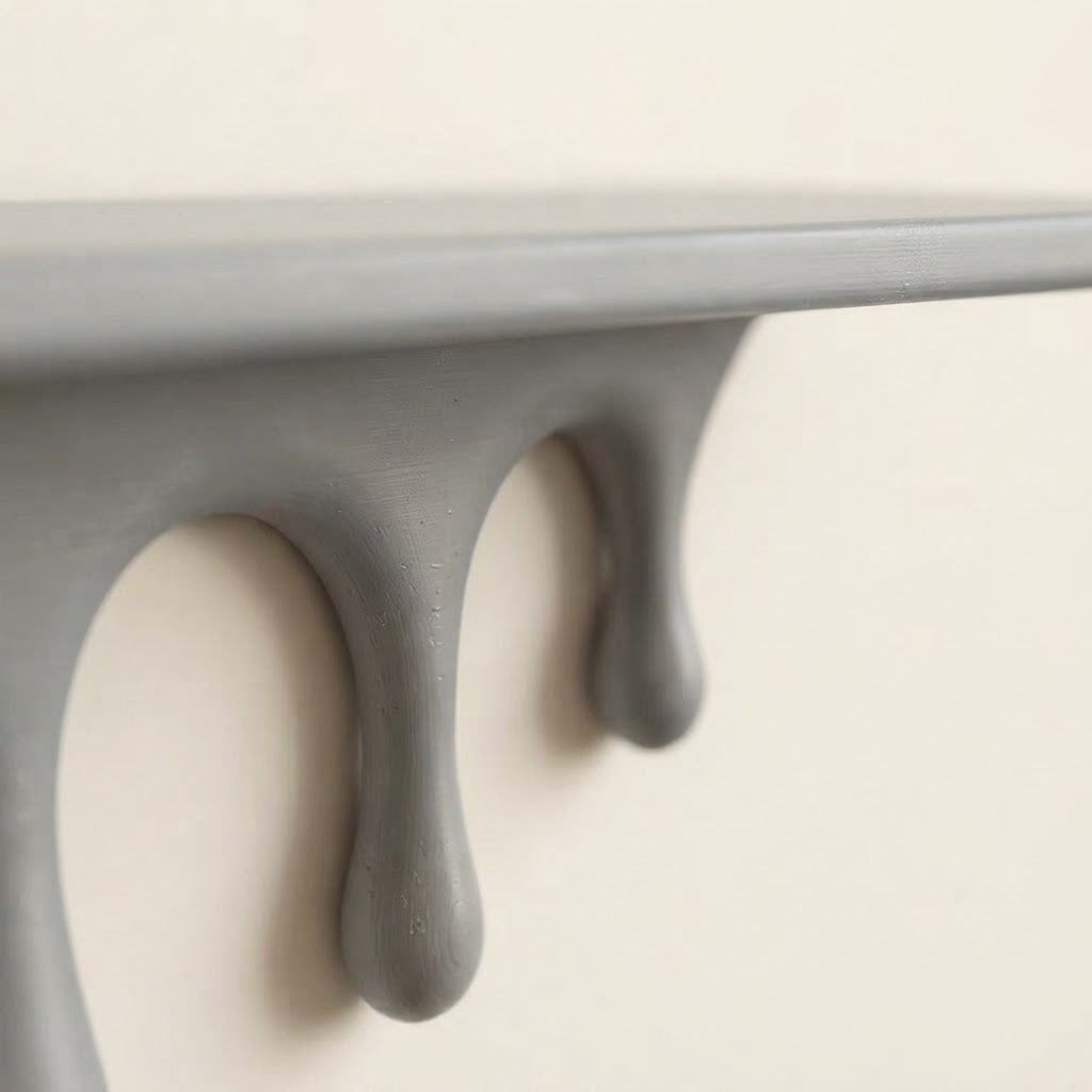 Grey floating wall shelf corner with sculpted drip under the front edge