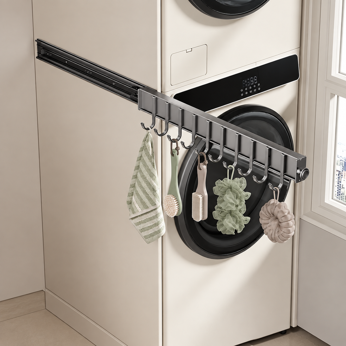 Dark sliding hook rail with curved hooks holding towels and loofahs by washer