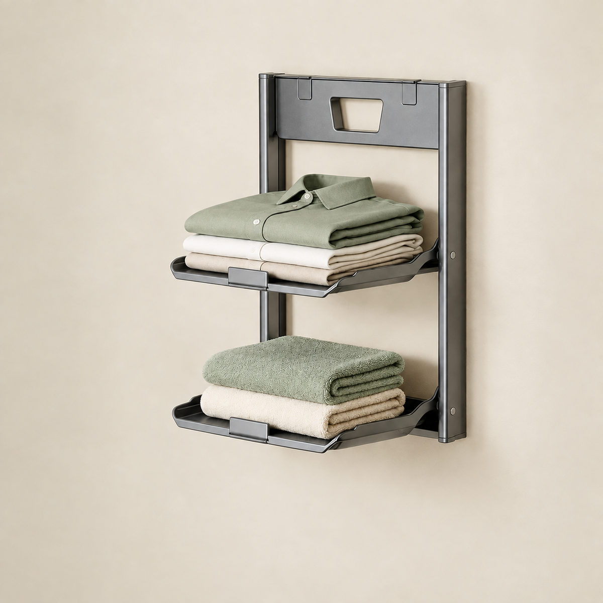 Foldable wall storage rack, 2-tier metal shelves for folded towels