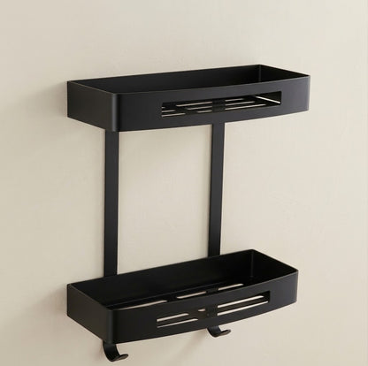 Black stainless steel wall shower caddy with two stacked trays and hanging hooks.