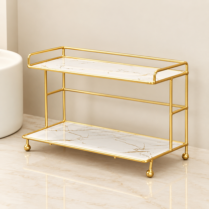 2-tier bathroom countertop organizer with gold frame and white marble-look trays