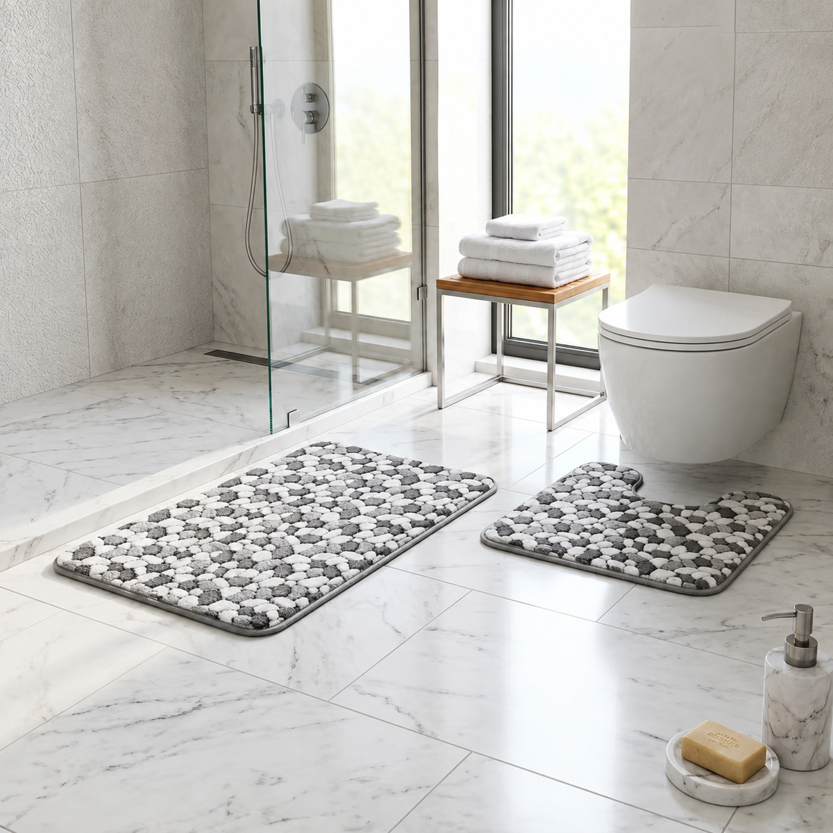 Non-slip bath mat set with pebble mosaic pattern in white and dark gray
