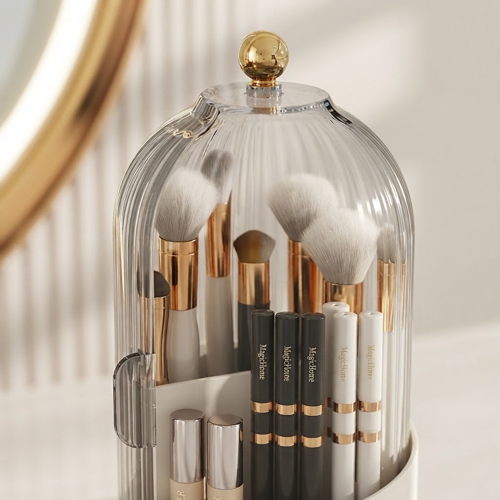 Rotating makeup brush holder with clear dome, gold knob, and a rotating base of brushes