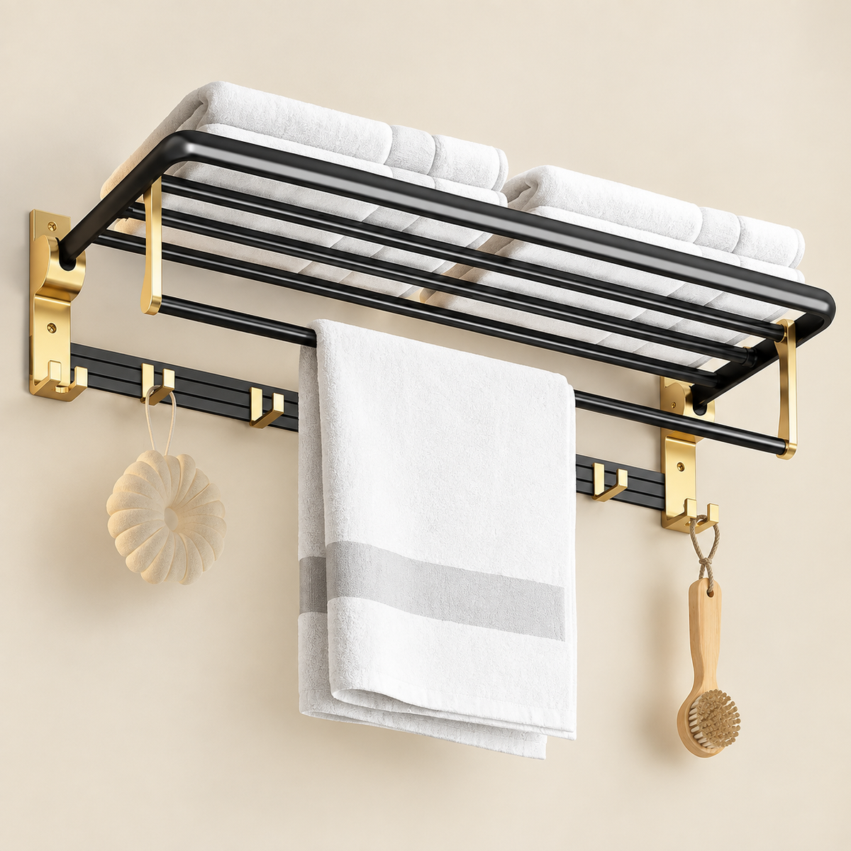 Wall-mounted towel rack with slatted top shelf, double black rails, gold brackets
