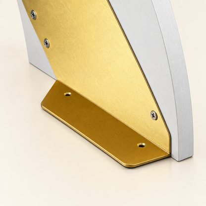 Gold marble-look corner floating shelf with metal side panels and mounting screws.