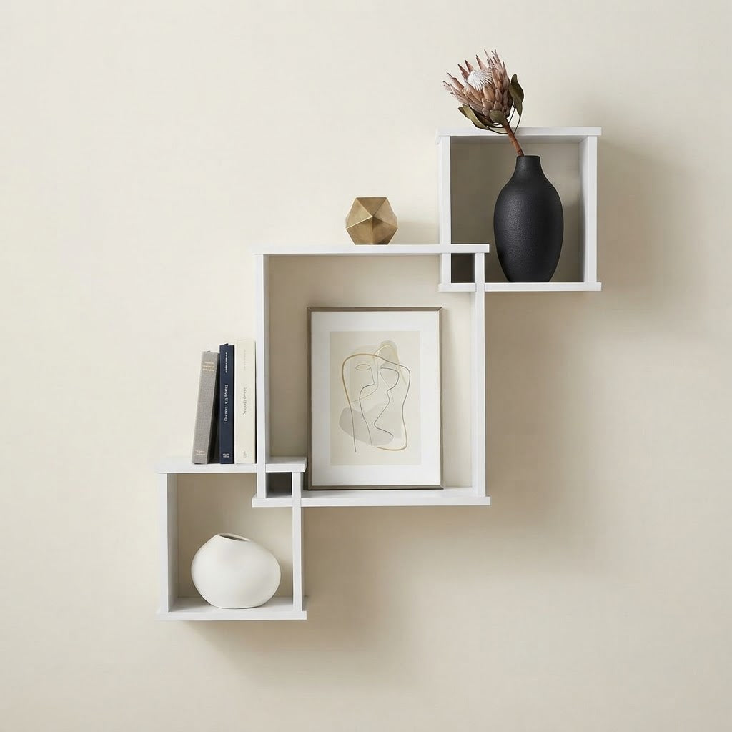 White cube wall shelf with open cubbies, styled with framed art and accessories