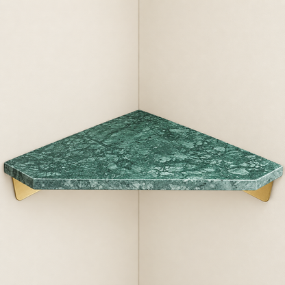 Green marble corner floating shelf with gold supports and rounded outer edge