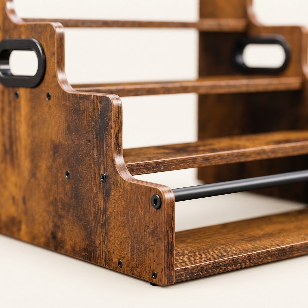 Close-up of rustic wood tiered organiser corner with black metal handle bar and mounting screws