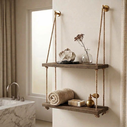 Two-tier hanging wooden rope shelf with brass hooks, dark wood shelves, and tan cords