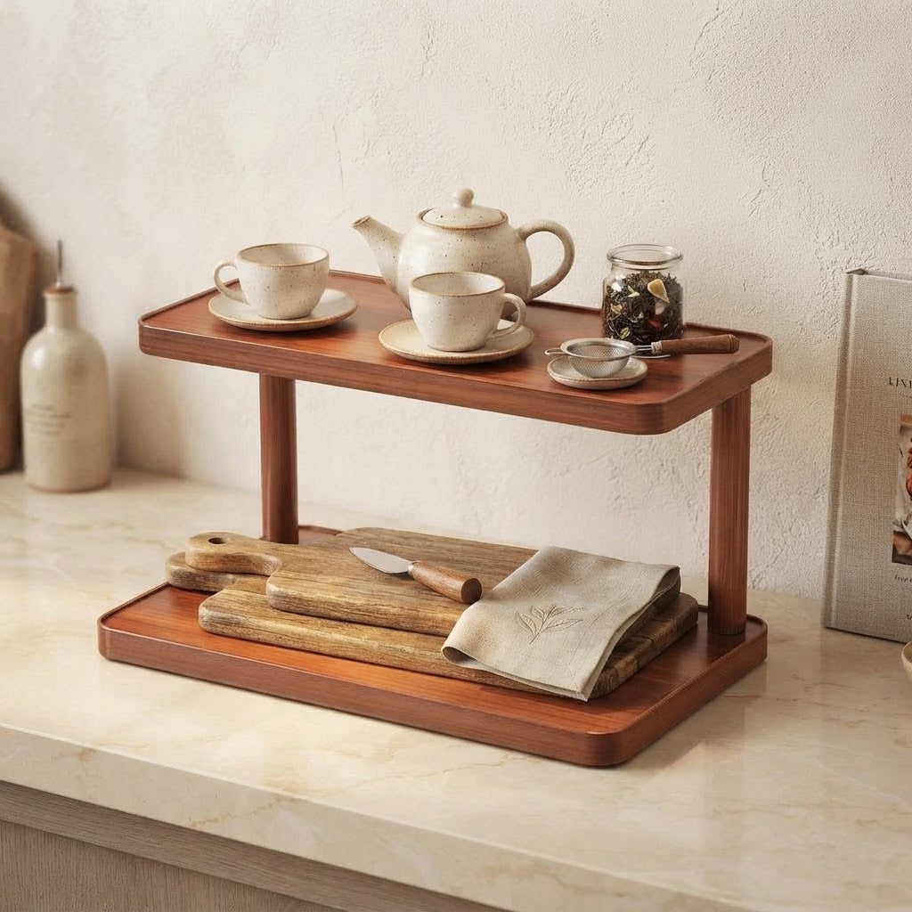 Light brown bamboo two-tier shelf holding teacups, a teapot, and small bowls.