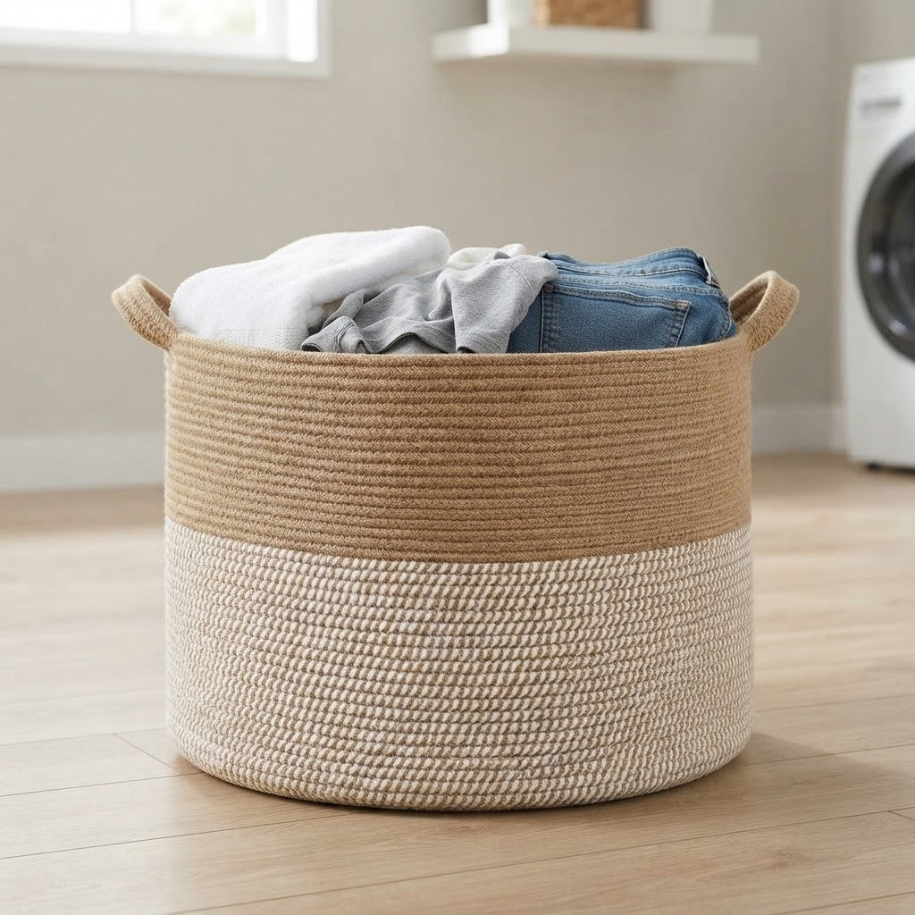 Two-tone woven storage basket with rope handles, tan exterior with white rope trim.