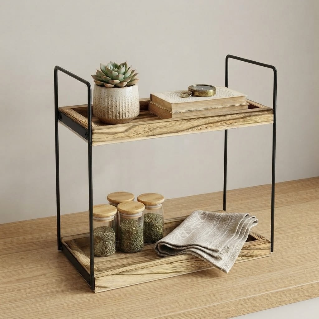 2-tier wooden worktop rack with black metal frame and open shelves