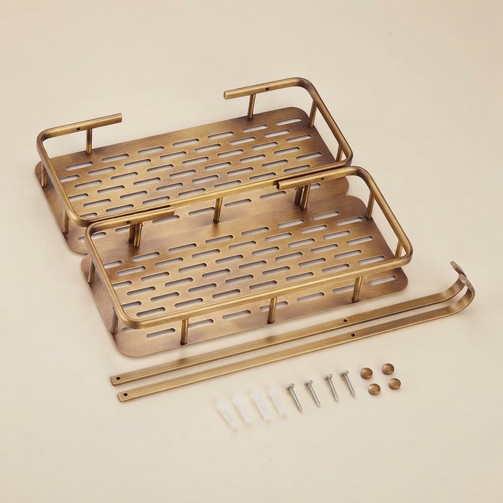 Two-tier solid brass slatted shower caddy with mounting hardware and screws