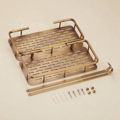 Two-tier solid brass slatted shower caddy with mounting hardware and screws