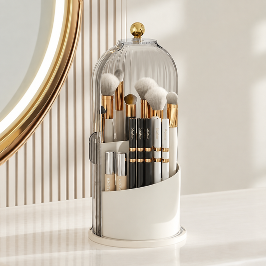 Rotating makeup brush holder, clear dome and white base featuring assorted face brushes