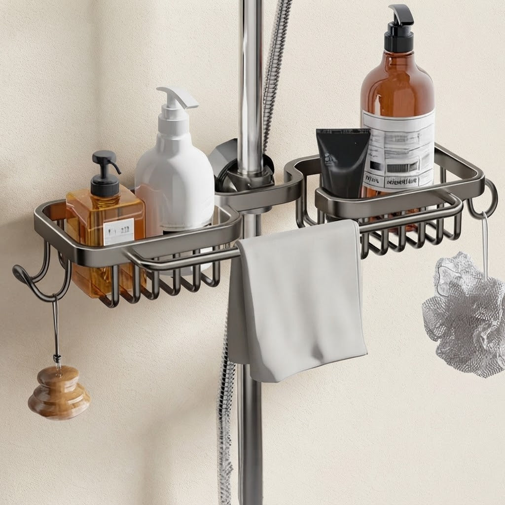 Shower riser rail caddy with gray shelves, bottle holders, and hanging towel bar