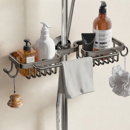 Shower riser rail caddy with gray shelves, bottle holders, and hanging towel bar