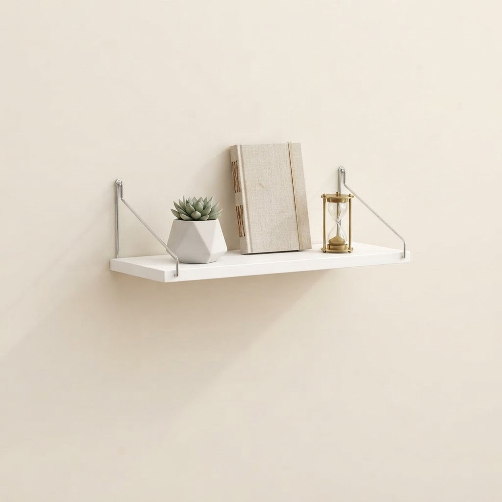 Bracket-mounted floating wall shelf with white shelf, metal corner brackets, and side supports